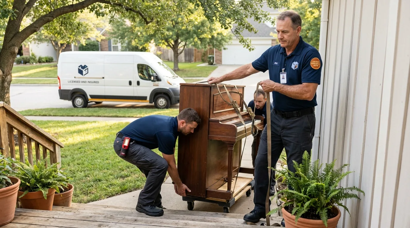 Licensed piano movers securing grand piano in Terra Alta, WV