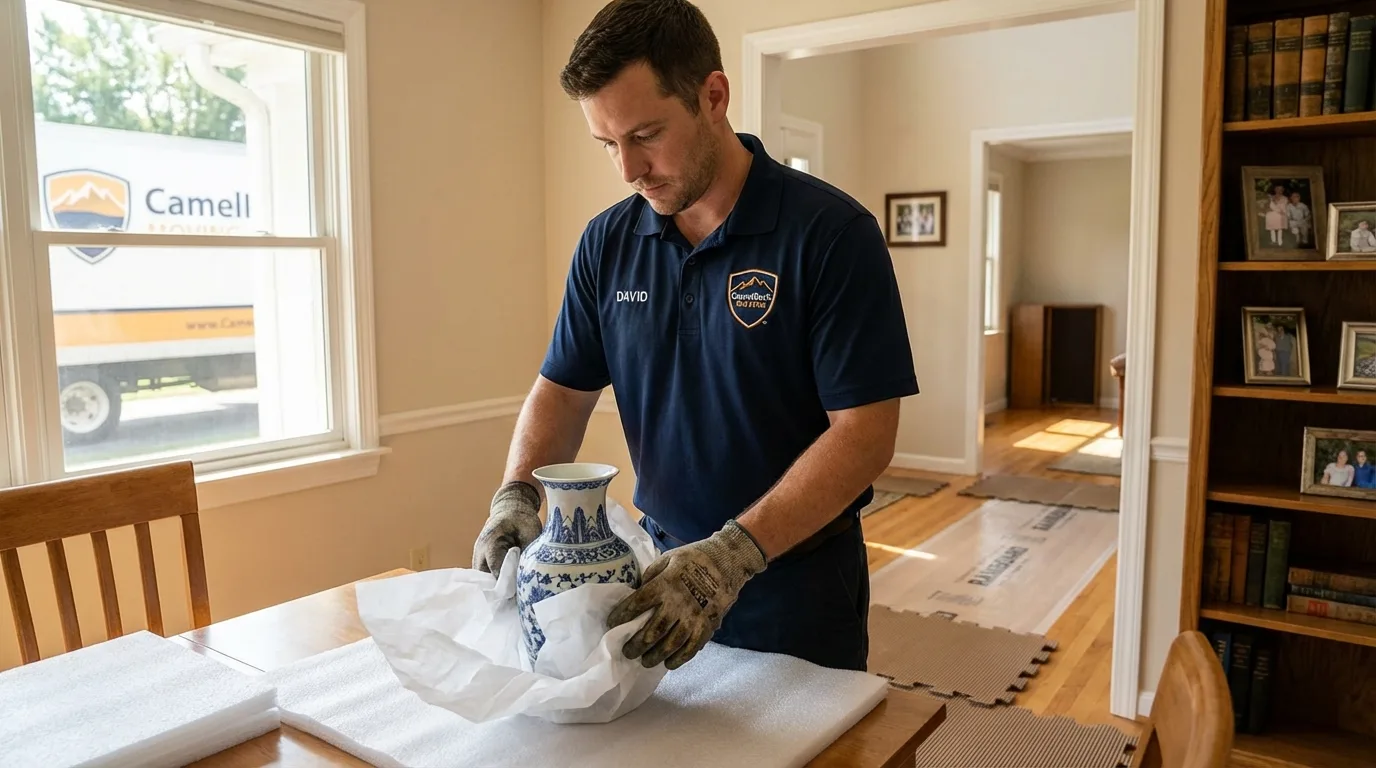 Professional crew carefully wrapping antique vase for senior downsizing move in Terra Alta, WV